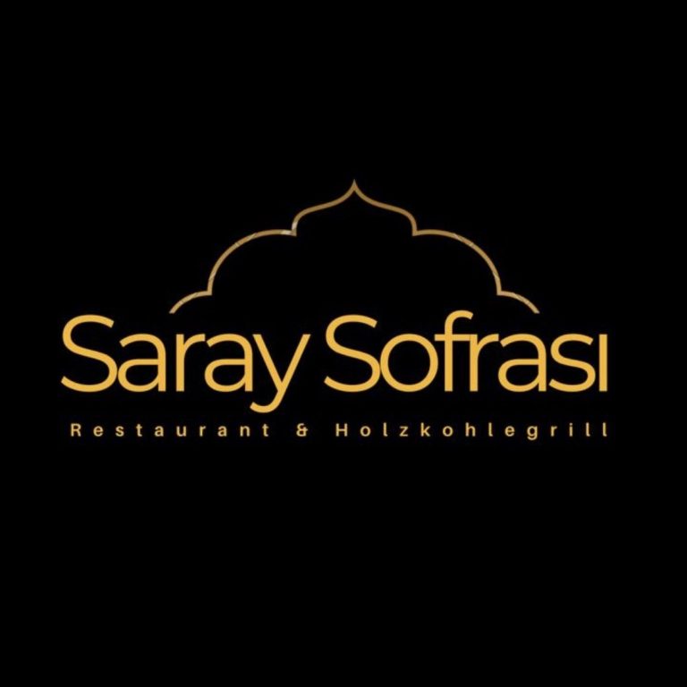 Logo des Restaurants „Saray Sofrası“ mit einer eleganten Palast-Silhouette und dem Unterzeilen-Text „Restaurant & Holzkohlegrill“ auf schwar